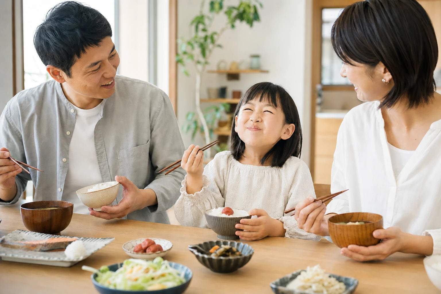 家族で梅干しを楽しむ食卓